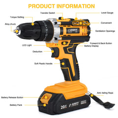 Cordless Combi Hammer Impact Drill Driver Electric Screwdriver & 2 Battery Electric Screwdriver Set 25+3 Clutch, Handheld Cordless Hammer Drill, 29 PCS Drill Bits, LED Light for Home and Garden DIY Project