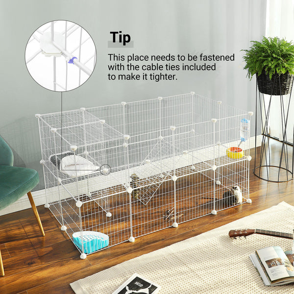 2-Floor Metal Pet Playpen, 36 Grid Panels, Customisable Cage Enclosure for Small Animals, Guinea Pigs Hamster Runs, Rabbit Hutches, Includes Mallet, Indoor, 143 x 73 x 71 cm, White/Black