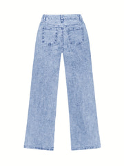 Women's New Fashion Stretchy Straight Jeans, Loose Comfort Fit Wide Leg Jeans, Acid Washed Light Blue Denim Trousers with Pockets, Elegant Women's Clothing, High Waisted Tummy Control Pantalones. Baggy Casual Pants for Travel, Work and Office Wear.