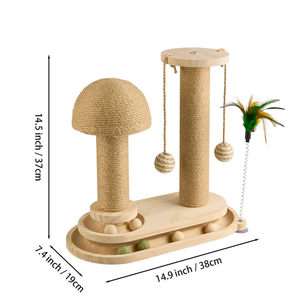 Solid Wood Cat Scratch Pole Cat Turntable, Cat Spring Teasing Stick, Cat Scratch Board, Durable and Wear-resistant Cat Toys, Sisal Cat Climbing Frame, Bell Ball, Oval Mushroom Turntable