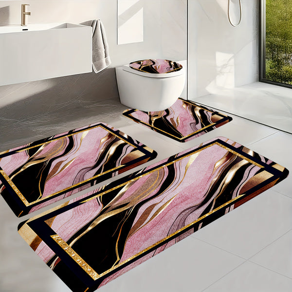 3/4pcs Luxury Pink Black Gilded Marble Bathroom Mats - Non-Slip Soft Flannel Floor Mat with Elegant Marble Pattern, Machine Washable Bath Mat Set for Modern Home Decor, Decorative Mat, Stylish Mat