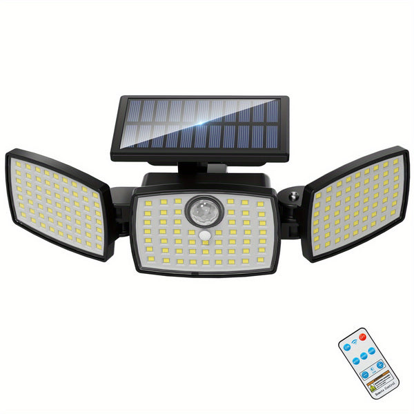 1/ 2pcs Solar Outdoor Lights, 358LED Security Lights with Remote Control, 3 Heads Motion Sensor Lights, IP65 Waterproof, 270° Wide Angle Flood Wall Lights with 3 Modes