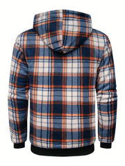 Men's Heavyweight -Lined Hooded Jacket - Full-Zip Plaid Thickened Shirt with Pockets and Adjustable Drawstring, Comfortable and Warm for Autumn and Winter