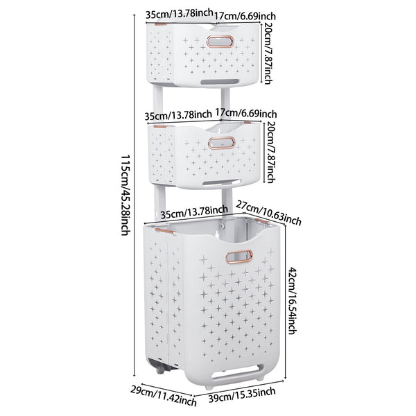 Three-Tier Laundry Basket with Wheels and Handle, Collapsible and Foldable Plastic Clothes Storage Bin, Portable Bathroom Storage Rack, Multifunctional Kitchen Organizer Basket. Compact Design, Sturdy and Durable. Dimensions: 39cm W x 29cm D x 115cm H.