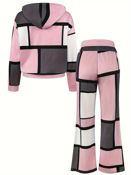 Casual Color Block 2pcs Set, Long Sleeve Hooded Top And Drawstring Pants, Women'S Clothing
