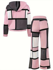 Casual Color Block 2pcs Set, Long Sleeve Hooded Top And Drawstring Pants, Women'S Clothing