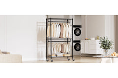 M MZG Heavy Duty Easy to Assemble - Multi-functional Removable Clothes Rack - with Three Shelves, Side Hooks And Locking Casters - Sturdy And Durable - Suitable for Bedroom, Living Room And Wardrobe Black