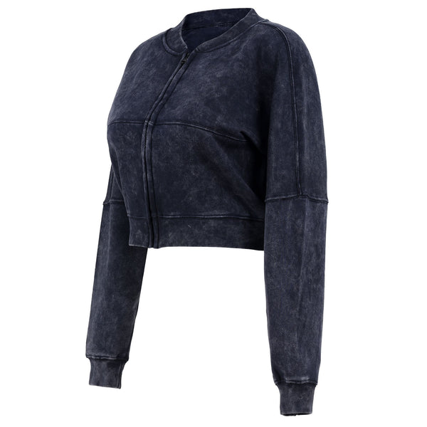 Women Acid Wash Zip Tracksuit Straight Leg Joggers - Stylish Female Jacket - Womenswear Full Sleeve Casual Comfort Zip Style Drawstring Pant