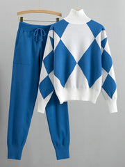 Women'S New Arrival Autumn/ Winter 2024 Casual Check Pattern Sweater Set - Style Trendy Two-Piece Outfit, Long Sleeve, Square Neck, Color Block, Drawstring, Pants, Casual Wear|Check Pattern Top|Drawstring Pants, Sweater Set