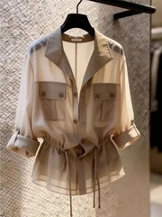 Fashionable Workwear-Style Shirt: Long-Sleeved, Loose-Fitting, New Summer Style,, Waist-Defining, Versatile