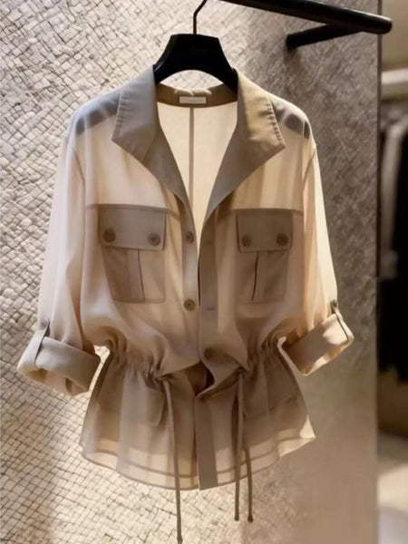 Fashionable Workwear-Style Shirt: Long-Sleeved, Loose-Fitting, New Summer Style,, Waist-Defining, Versatile
