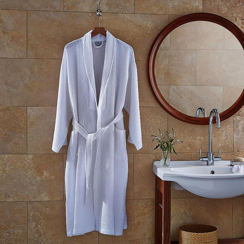 Luxury Spa White Waffle Bath Robe 100% Cotton Light Weight Hotel Quality