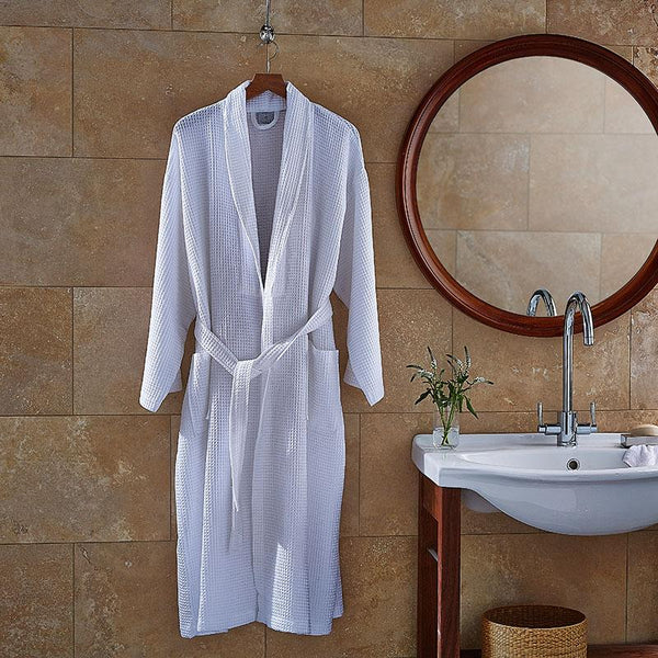 Luxury Spa White Waffle Bath Robe 100% Cotton Light Weight Hotel Quality