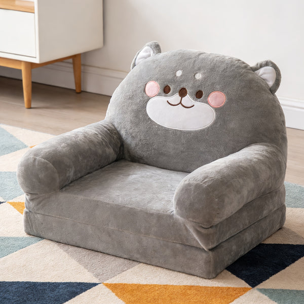 Cozy Kid Folding Sofa, Plush, Washable Lounge Chair for Playroom & Nursery, Gray Dog Style Foldable Wide Handle Soft Breathable Toddler Chair for Reading Relaxing Sleeping(2 Layers)