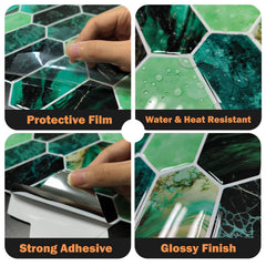 WALPLUS 6pcs 3D Tile Stickers Peel and Stick Backsplash Splashback Decals Tile Transfer for Kitchen Bathroom Living Room Stick on Tile Green Hexagon Honeycomb