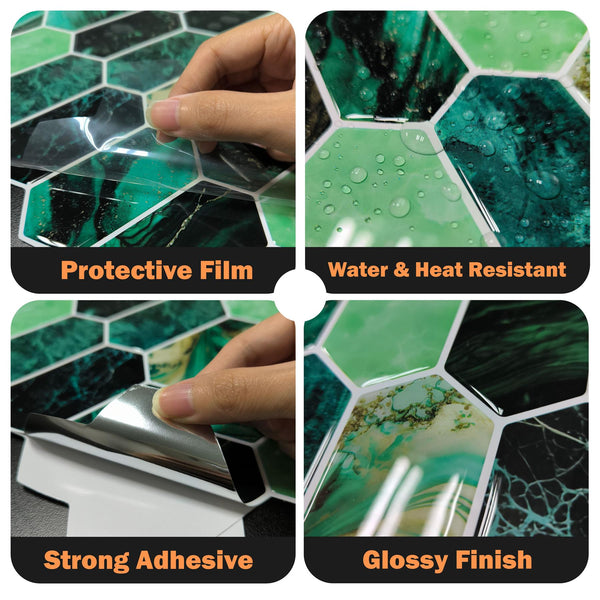 WALPLUS 6pcs 3D Tile Stickers Peel and Stick Backsplash Splashback Decals Tile Transfer for Kitchen Bathroom Living Room Stick on Tile Green Hexagon Honeycomb