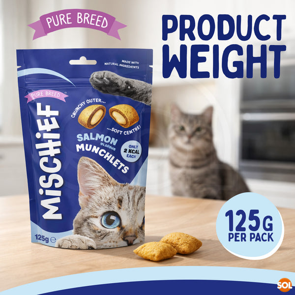 Pure Breed Mischief Cat Treats 6 Pack | Salmon Flavour Pillow Snacks for Cats | Crunchy Outside & Creamy Inside | Low Calorie Dual Texture Cat Bites (Only 2 kcal Each) | Natural Resealable Cat Treat Pouches