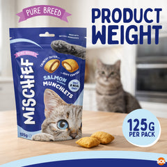 Pure Breed Mischief Cat Treats 6 Pack | Salmon Flavour Pillow Snacks for Cats | Crunchy Outside & Creamy Inside | Low Calorie Dual Texture Cat Bites (Only 2 kcal Each) | Natural Resealable Cat Treat Pouches