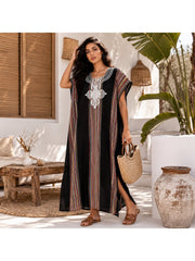 Women Boho Kaftan Dress Long Embroidered Beach Cover Up Lightweight Summer Kaftan Maxi Dress Loose Fit Swimwear Cover Up Holiday Beachwear Gandouri