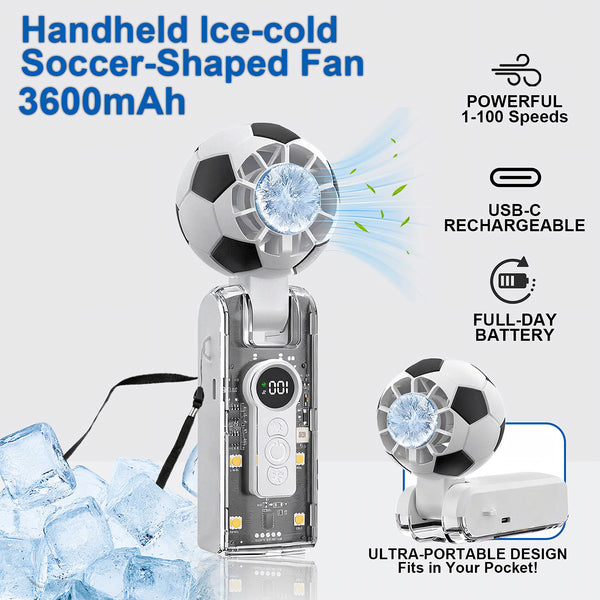 Portable Handheld Turbo Fan with Ice Cooler, 5-Speed Wind, Soccer-Shaped Mini Personal Fan, 3600Mah Football Rechargeable Pocket Fan for Travel/Outdoor/Office, 180° Adjustable