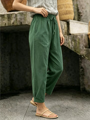 Women's Drawstring Waist Linen-Look Pants, Loose Casual Cropped Trousers with Pockets, Lightweight Summer Pants