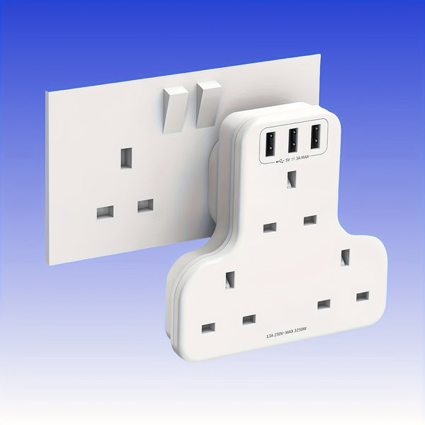 UK Plug Power Outlet with 3 USB Ports & 3250W Max Power - Fast Charging Adapter, Heavy-Duty UK Socket for Home, Office, Travel - Compatible with UK, Qatar, Singapore, Malaysia - Compact Design with Overload & Short Circuit Protection - Ideal for Chargers,