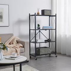 4 Tier Foldable Storage Shelf | Heavy Duty Collapsible Metal Shelf Rack with Wheels, Extra Thick Frame, No Assembly Required, Suitable for Kitchen, Pantry, Closet, Office, Bathroom, Garage Organize, Standing Shelf