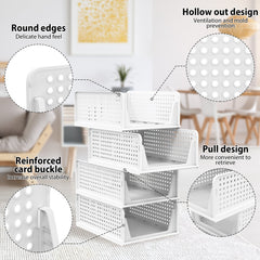 Set of 4 Stackable Foldable Wardrobe Storage Box Organizer, Plastic White Wardrobe Shelves Closet Organiser Box, Pull Out Like a Drawer, Suitable for Home, Bedroom, Kitchen (Easy Open and Folding)