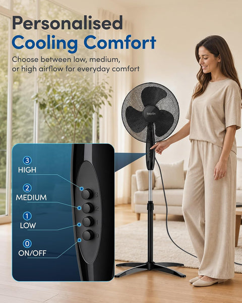 Keplin 16 Inch Stand Fan Adjustable Pedestal Cooling Fan with 3 Speed Settings Tilt Head Quiet AC Motor Energy Efficient 45W Stable Base for Home Bedroom Office Air Circulation Cooling Solution, Black
