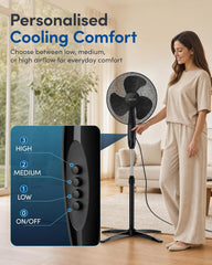 Keplin 16 Inch Stand Fan Adjustable Pedestal Cooling Fan with 3 Speed Settings Tilt Head Quiet AC Motor Energy Efficient 45W Stable Base for Home Bedroom Office Air Circulation Cooling Solution, Black