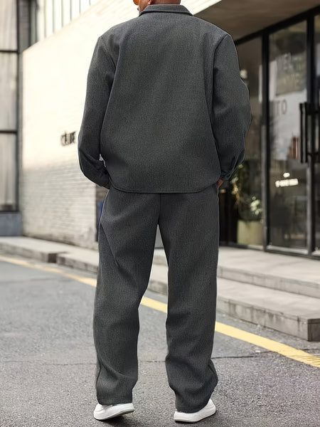 Men'S Fall Workwear Buttoned Casual Cardigan for Daily Wear, Sports Collar Outerwear, Top Matched with Casual Trousers, Two-Piece Set