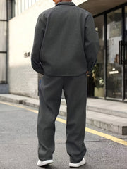 Men'S Fall Workwear Buttoned Casual Cardigan for Daily Wear, Sports Collar Outerwear, Top Matched with Casual Trousers, Two-Piece Set