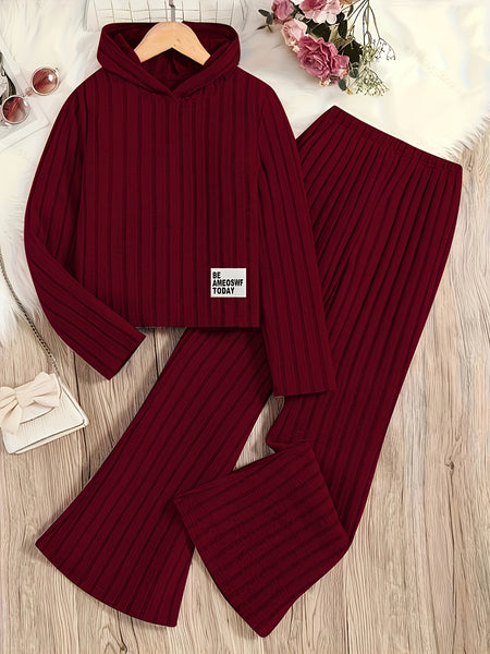 A Set of Women's Ribbed Letter Applique Hoodie and Flared Pants