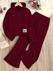 A Set of Women's Ribbed Letter Applique Hoodie and Flared Pants