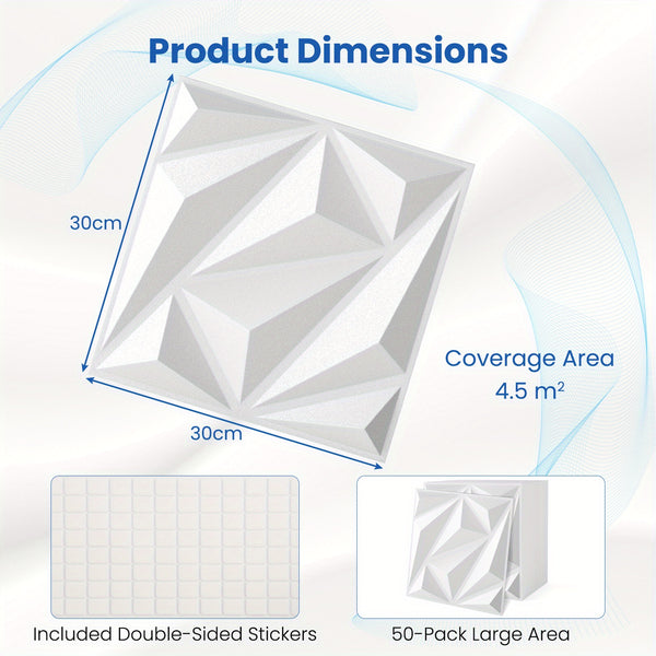 COSTWAY 50-Pack 3D Wall Panels, Textured Interior Decoration with Included Stickers, 30 x 30cm PVC Diamond Design for Office Hotel Living Room Bedroom TV Background Cover 4.5m² White, Home Decor, Office Decor, Stylish Wall Art, Modern Wall Decor, Lightwei