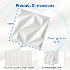 COSTWAY 50-Pack 3D Wall Panels, Textured Interior Decoration with Included Stickers, 30 x 30cm PVC Diamond Design for Office Hotel Living Room Bedroom TV Background Cover 4.5m² White, Home Decor, Office Decor, Stylish Wall Art, Modern Wall Decor, Lightwei