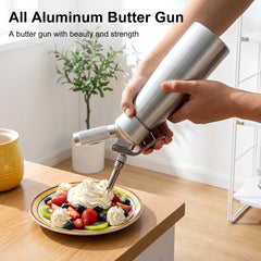 500ml butter whipper with 3 decorative nozzles. Professional butter whipper suitable for cakes, desserts, coffee, milkshakes, and home baking.