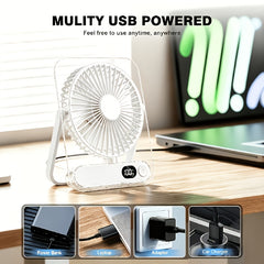 Mini Portable USB Fan Desktop Fan Rechargeable, Ultra-Quiet 5-Speed Adjustment Foldable 180 Degree Adjustable with LED Display for Office, Home, Outdoor, Camping And Travel