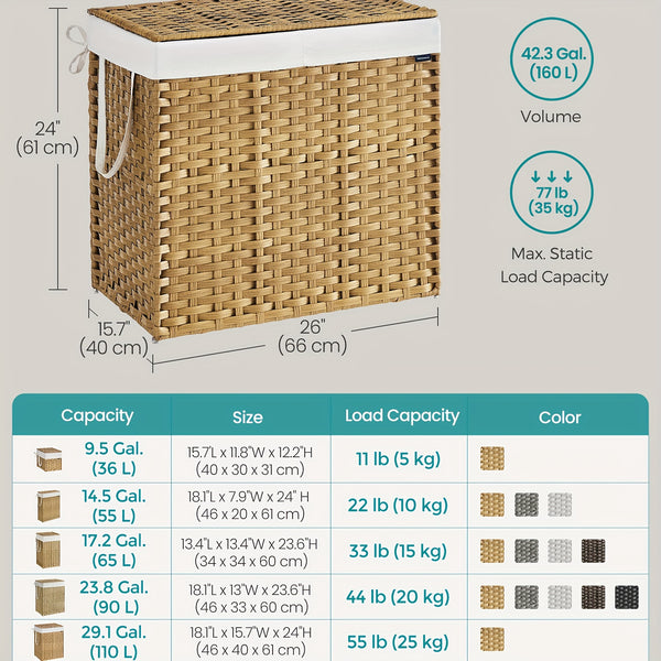 Laundry Basket, 160L Synthetic Rattan Storage Basket with Lid And Handles, Wicker, Foldable, Removable Liners, for Blankets, Clothes, Living Room, Laundry Room, Natural Colour, Laundry Baskets, Living Room Decor, Clothes Hamper, Stylish Organizer