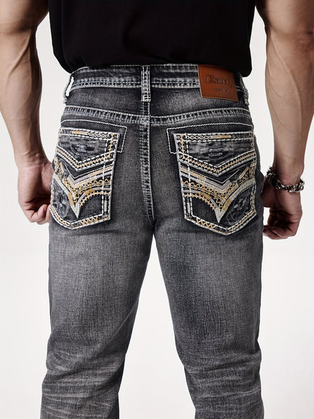 Men'S Elastic Washed Denim Jeans with Thick Line Embroidery on The Front And Back Pockets