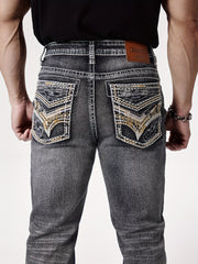 Men'S Elastic Washed Denim Jeans with Thick Line Embroidery on The Front And Back Pockets