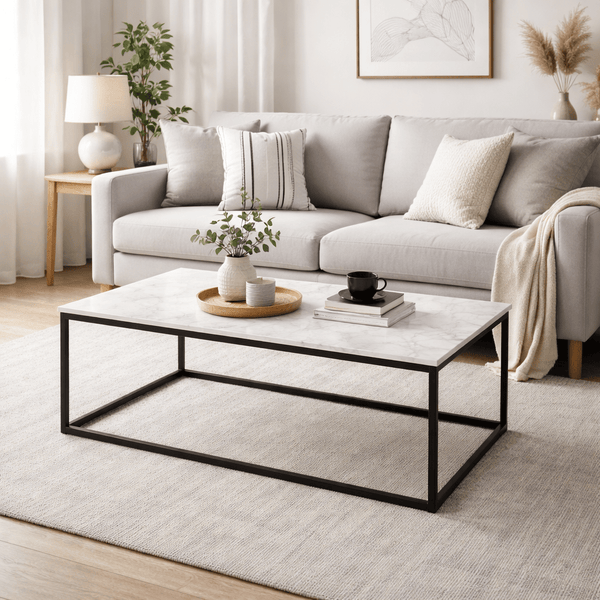 Coffee Table Marble Effect Top Rectangle Centre Table Metal Frame for Living Room