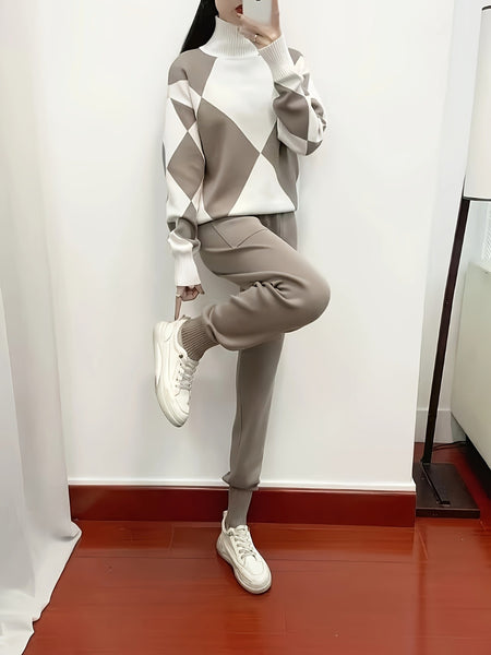 Women's Fashionable Plaid Sweater Set, New Autumn/ winter Style, Casual Plaid Two-piece Sweater Set, Drawstring Elastic Waist, Side Pockets, Suitable for Autumn/ winter Casual Wear and Daily Commuting, Combining Fashion and Warmth.