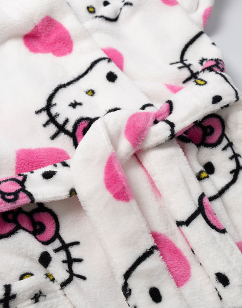 Hello Kitty Womens White Hooded Bathrobe | Cosy Fleece Loungewear with Pink Accents & Long Sleeves | Cartoon Character Design | Perfect for Relaxing Days | Hello Kitty Merch - Medium