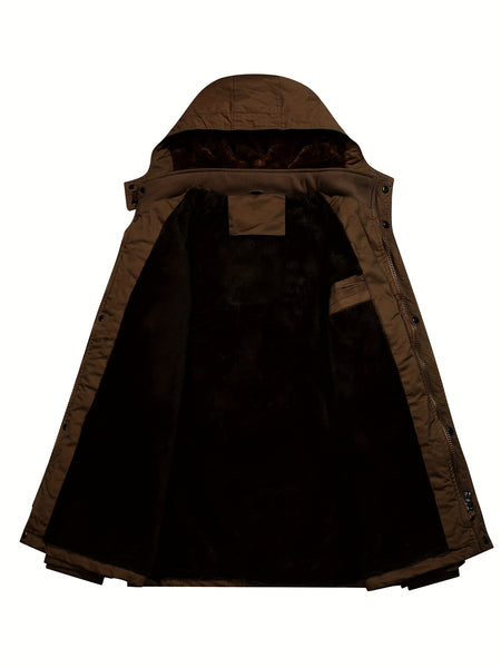 A Durable And Warm Medium to Long Men'S Winter Jacket, Suitable for Casual Work, Featuring Multiple Pockets, a Zipper, And a Hood for Outdoor Wind