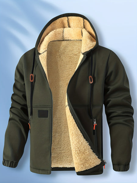Men'S Cardigan Hooded Fleece Thickened Sweatshirt, Fashionable Fleece Warm Hoodie, Comfortable Loose Drawstring Hooded Sweatshirt, Autumn And Winter Men'S Clothing, Men'S Casual Hooded Sweatshirt with Zipper Pockets, Suitable for Winter And Autumn