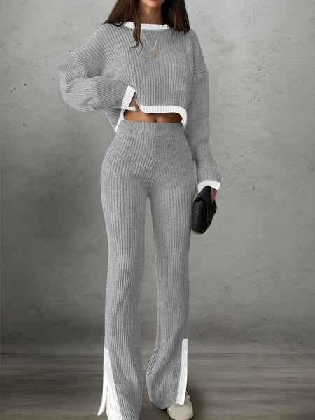 Women'S Short Color-Blocked Long-Sleeve Top with Solid Color Pants, a Casual And Stylish Outfit for Christmas