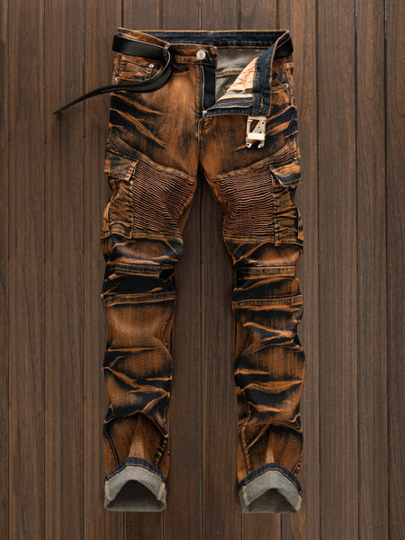 Fashionable Comfortable Street Style Casual All-Match Men'S Individual Multi-Pocket Biker Style Jeans
