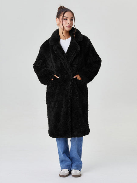 Women's Notch Lapel Plush Double-Breasted Casual Jacket, Leisure Winter Fuzzy Jacket