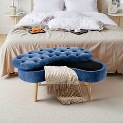 Nordic Modern Arc-shaped Design Quilted Button Fabric Upholstered Storage Stool Shoe Changing Stool with Wooden Legs, Large Capacity Shoe Changing Stool At The Entrance of The Living Room, Storage Bench At The Bed End, Blue, 103*50*46cm